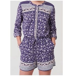 LOFT Romper Blue Floral Long Roll-Tab Sleeves Shorts Button Front Drawstring M